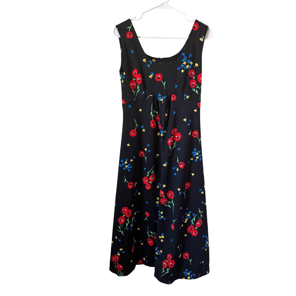 VTG Style Black Floral Poppy Print Empire Waist Scoop Neck Midi Dress Size M